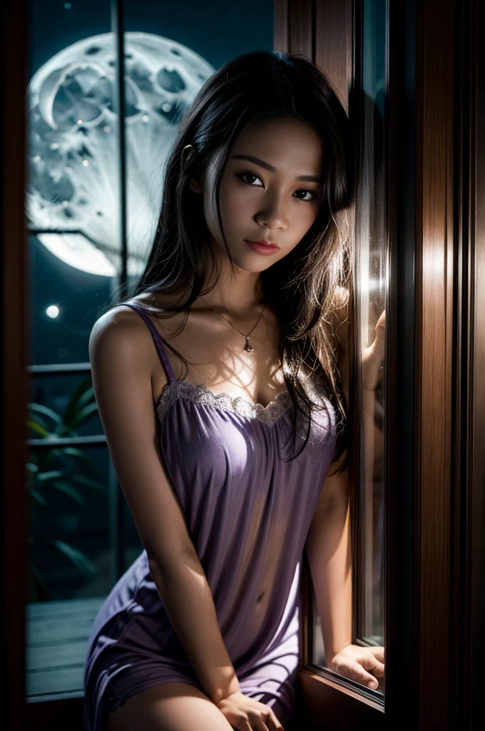 (Photoreal Stick:1.5, masutepiece:1.5, 8K), (top-quality, masterpiece, 超A high resolution), Perfect dynamic composition, Professional camera work:1.4, Highly detailed skin and facial texture:1.3, Mystical portrait:1.3, Grow Light Effect, The ultra-detailliert, 1girl in, ((Night view from inside the building, Pitch black room:0.9, The moonlight at night shines through the glass)), (Light purple nightgown), Model body type, Clear face, (Beautiful and seductive eyes:0.9, Enraptured look:1.0, i love you completely:0.8, A mouthfeel that feels beautiful eros:0.7), (Wet dark brown medium hair), candles, the chest is medium, a necklace, (Leaning against the window, Sit up), ((seductiv, Functional))