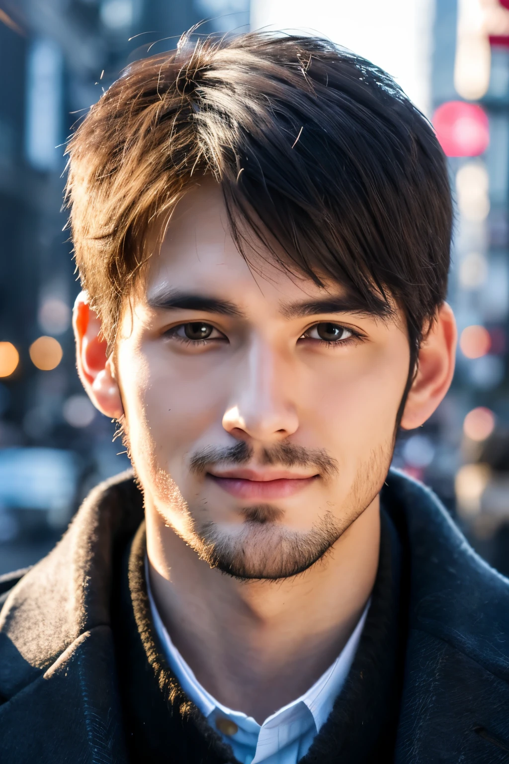 Photorealsitic, 8K full body portrait, a handsome, a 25-year-old man, A charming expression, detailed face details, TOKYOcty, Winters, Shibuya in the background