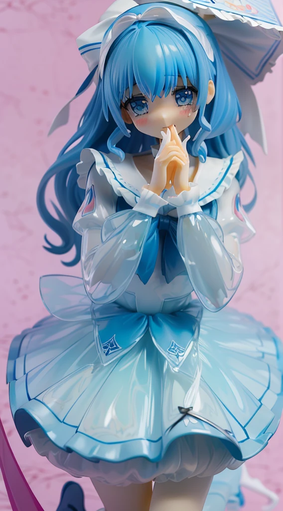 Real View,Ultra Miniature Paintings,Barbie,Transparency,Clear blue eyes,shy crying face,Very pretty girl, Slender big,teats,Red ribbons,Shining light blue hair,thin waist,Transparent vinyl sailor blouse,Transparent vinyl micro miniskirt rolled up,Lace panties,sitting on,In the box,on table,