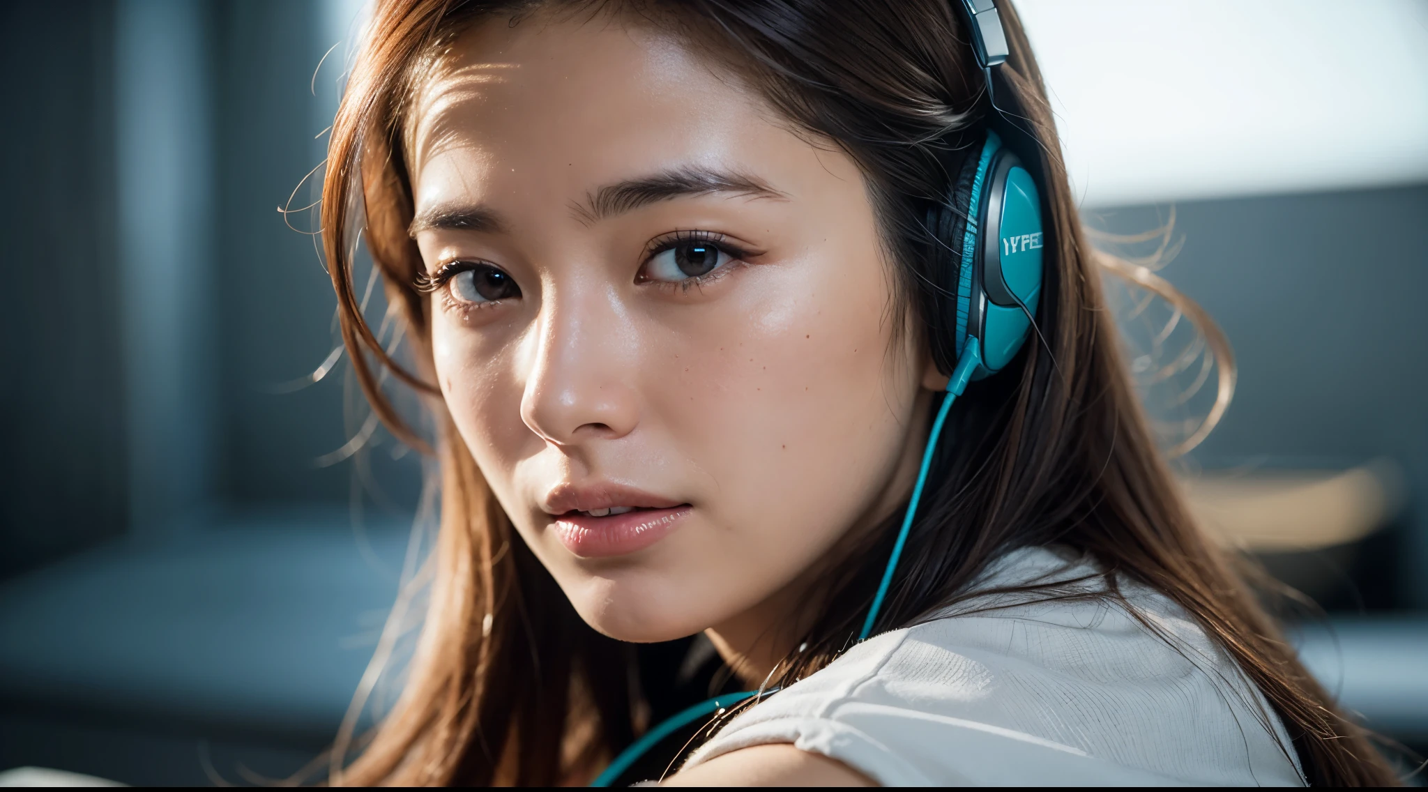 dressed, (photo realistic:1.4), (hyper realistic:1.4), (realistic:1.3), (smoother lighting:1.05), (increase cinematic lighting quality:0.9), 32K, 1girl,20yo girl, realistic lighting, backlighting, light on face, ray trace, (brightening light:1.2), (Increase quality:1.4), (best quality real texture skin:1.4), finely detailed eyes, finely detailed face, finely quality eyes, (tired and sleepy and satisfied:0.0), face closeup, t-shirts with headphones, (Increase body line mood:1.1), (Increase skin texture beauty:1.1)