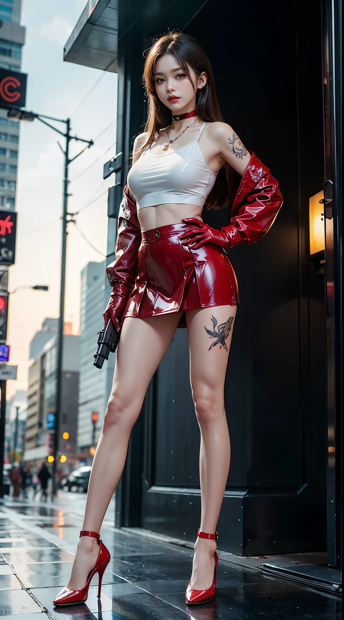 Fashion red latex skirt outfit