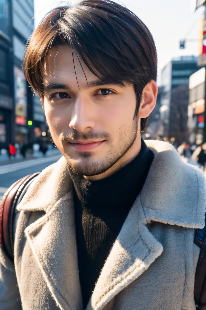 Photorealsitic, 8K full body portrait, a handsome, a 25-year-old man, A charming expression, detailed face details, TOKYOcty, Winters, Shibuya in the background