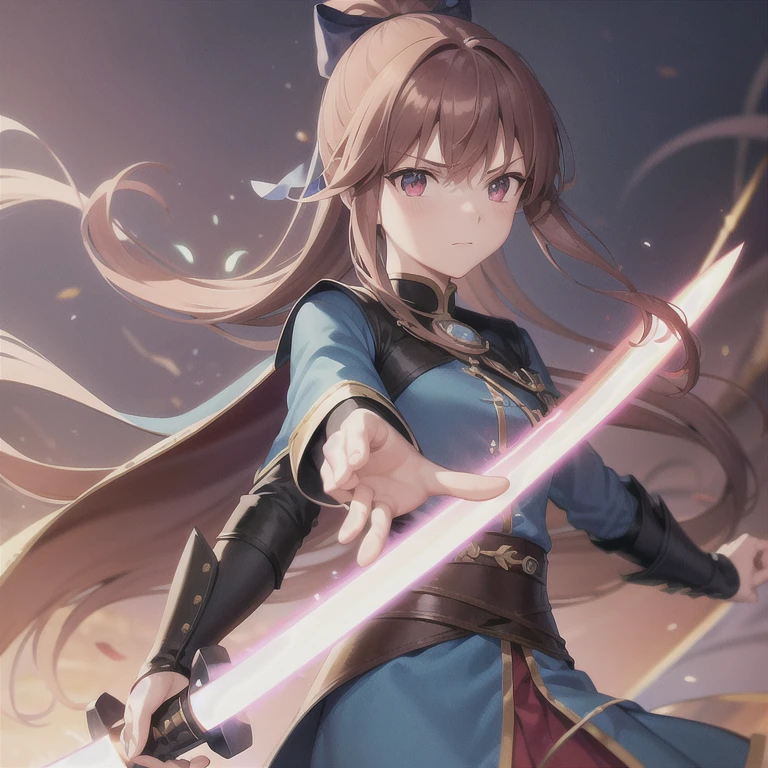 magic swordsman boy that looks like Monika wielding a longsword, glimmering sideral blue soul sword, boy clothes, determined eyes, closed blue gambeson coat, forehead showing hair style like takagi-san,black wellington glasses red eyes, reddish dark brown hair ponytail white ribbon lace on ponytail hair, long boots, metallic armor parts, surrounded by lightning arcs electricity, background is night becoming morning,