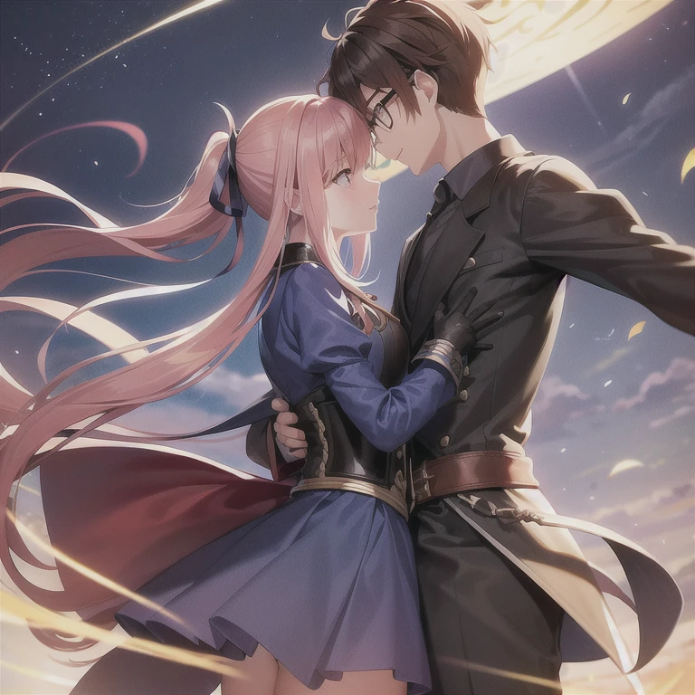 magic swordsman boy that looks like Monika wielding a longsword, glimmering sideral blue soul sword, boy clothes, determined eyes, closed blue gambeson coat, forehead showing hair style like takagi-san,black wellington glasses red eyes, reddish dark brown hair ponytail white ribbon lace on ponytail hair, long boots, metallic armor parts, surrounded by lightning arcs electricity, background is night becoming morning,