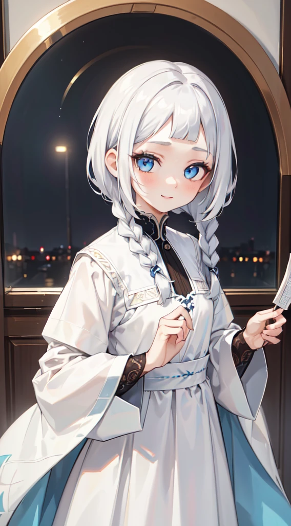 (thawb), braid, ((short bangs:1.4)), (best quality:1.3), (highres1.3), (clear1.3), (8k:1.3), masterpiece, (detailed:1.1), 1girl, beautiful detailed eyes, beautiful detailed lips, extremely detailed eyes and face, long eyelashes, white hair, blue eyes, shy smile, perfect proportion, face close up,