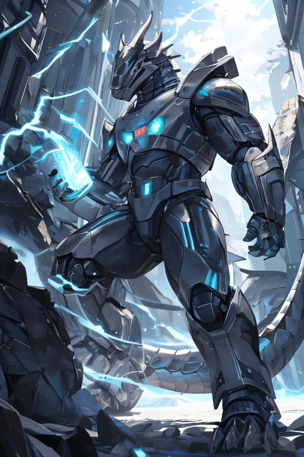 (best quality,4k,8k,highres,masterpiece:1.2),ultra-detailed,(realistic,photorealistic,photo-realistic:1.37),synth (vader-san),robot,dragon,Silver Dragon,Robo Dragon,illustration,mysterious dark lighting,strong presence of the Silver Dragon,shining metallic texture,mechanical details,advanced technology,glowing red robotic eyes,dragon-like features,strong and fierce posture,intense energy aura,electric sparks,sci-fi concept art,contrast between dark and light colors,mysterious dark blue and silver color palette