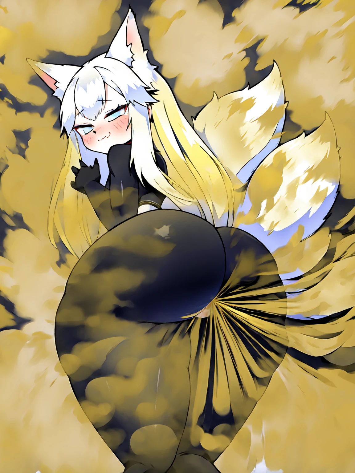 Cute white fur fox girl farting(HUD’s two-dimensional face),wearing a black bodysuit,farting(yellow smoke),hold ass,normal