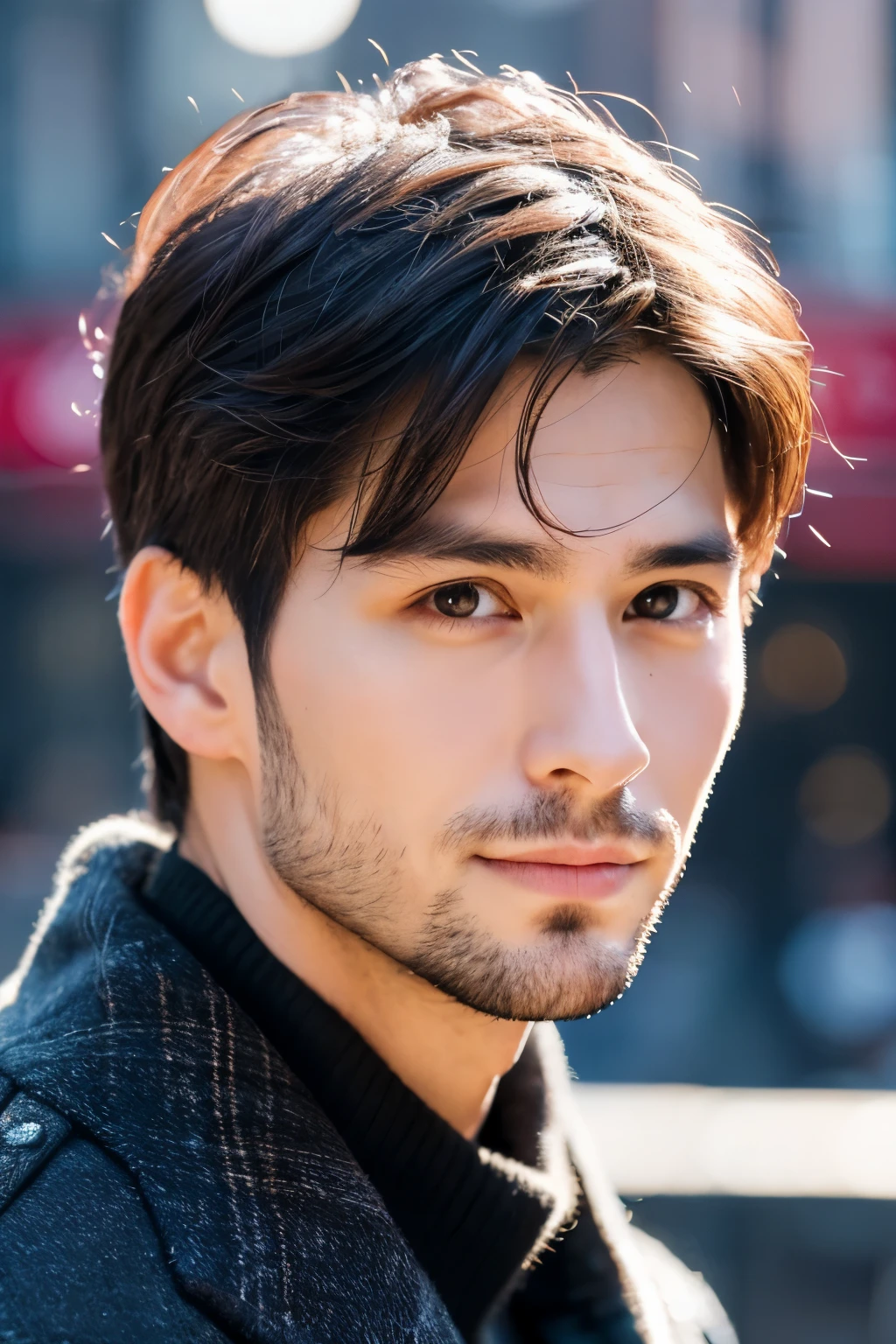 Photorealsitic, 8K full body portrait, a handsome, a 25-year-old man, A charming expression, detailed face details, TOKYOcty, Winters, Shibuya in the background