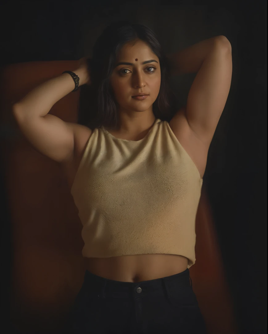 (close-up, editorial photograph of a 35 year old woman), looks like Anushka Shetty, (highly detailed face:1.4) (smile:0.7) (background inside dark, moody, private study:1.OV, by lee jeffries, nikon d850, film stock photograph ,4 kodak portra 400 ,camera f1.6 lens ,rich colors ,hyper realistic ,lifelike texture, dramatic lighting , cinestill 800,
