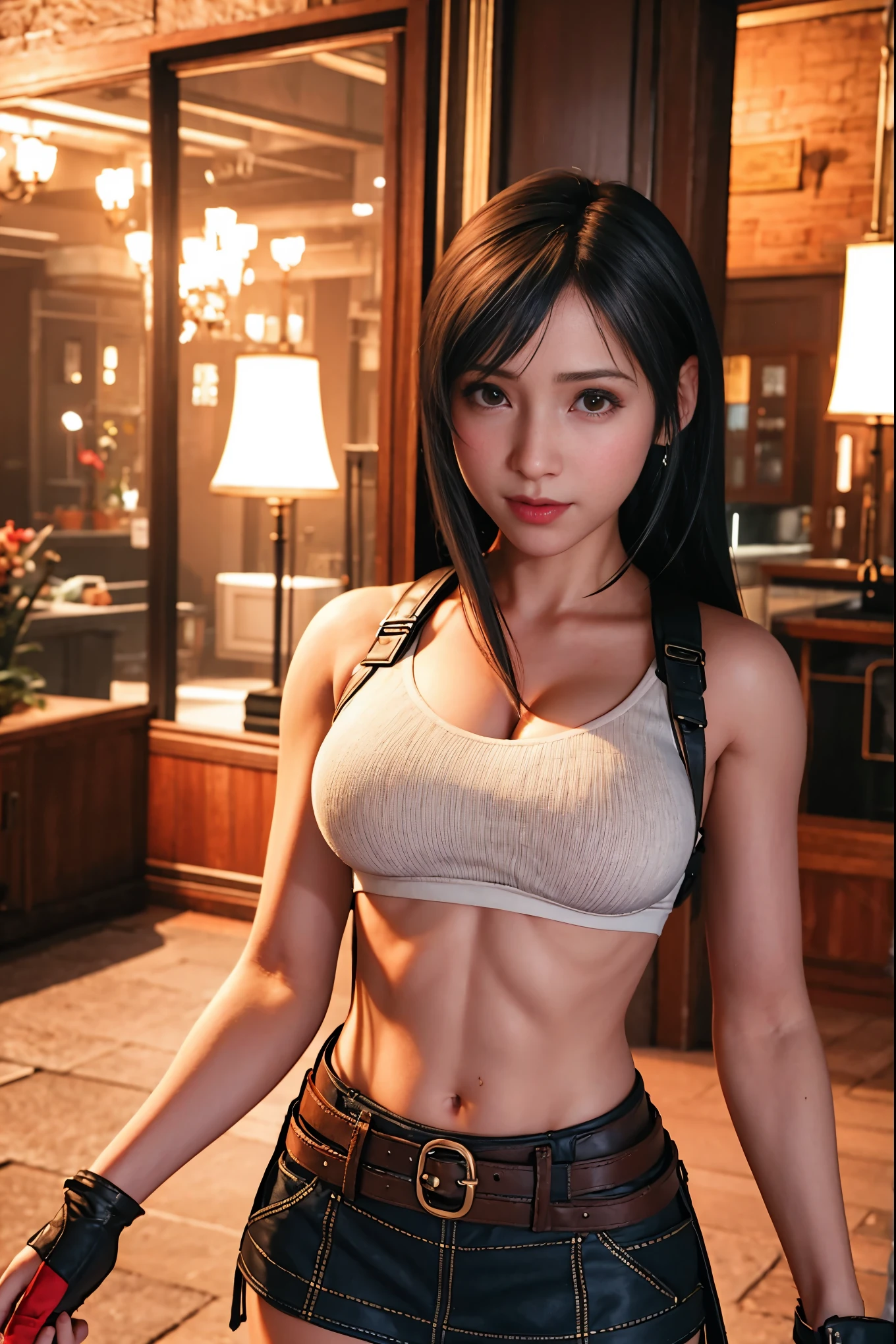 （realisticlying：1.4），quality，very fine and beautiful，A high resolution，1girll，tifa_lockhart，ssmile，cowboy lens，Harnes，Low Waist，mini-skirts，vests，Tension shirtrunette color hair，long whitr hair，gloves on the elbow，Beautiful detailed red eyeace light，cinmatic lighting，nabel，High exposure，Abdominal exposure，the ribs，Abs，（humongous large breast：1.2），dynamicposes，cowboy lens