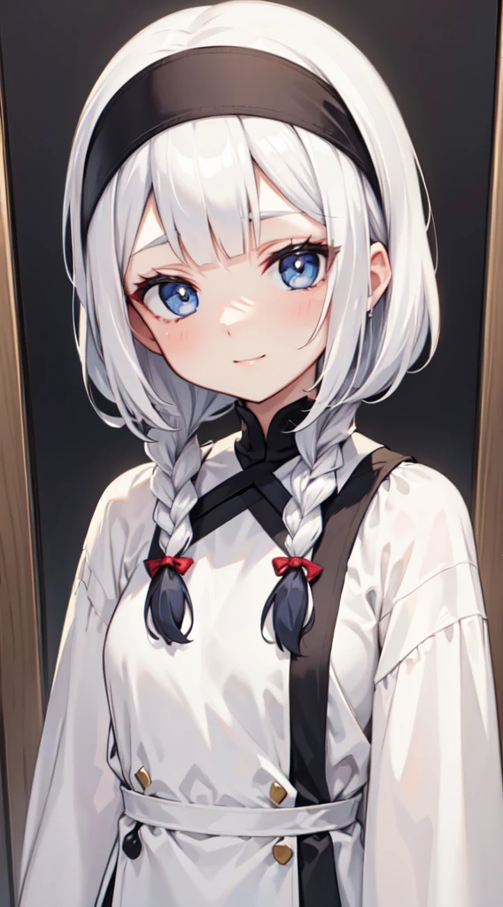 (thawb), braid, (short bangs:1.4), (best quality:1.3), (highres1.3), (clear1.3), (8k:1.3), masterpiece, (detailed:1.1), 1girl, beautiful detailed eyes, beautiful detailed lips, extremely detailed eyes and face, long eyelashes, white hair, blue eyes, shy smile, perfect proportion, face close up,