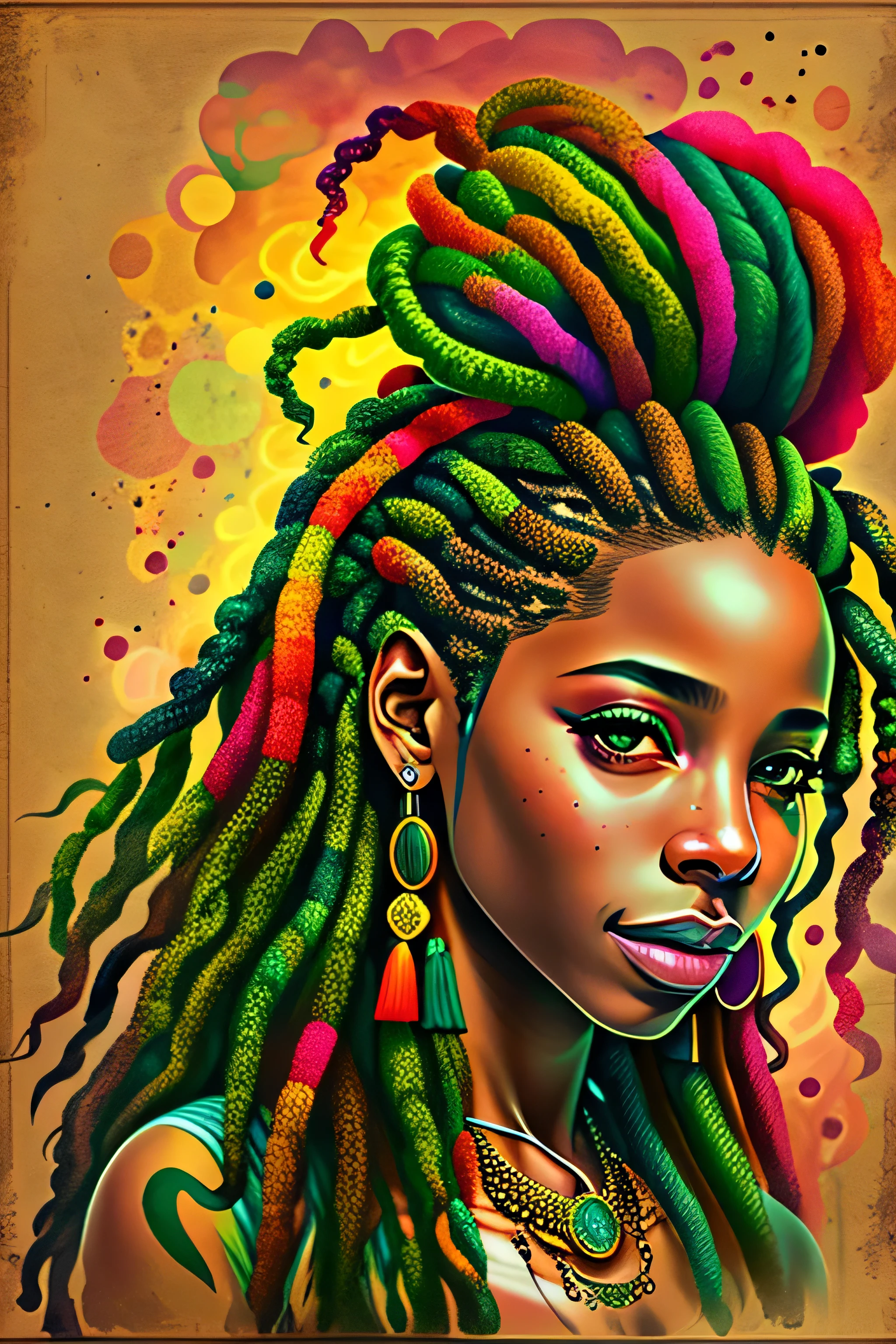 1 mulher negra rastafari sorrindo, cabelo dreadlocks Desenho tatuagem realismo nas cores do reggae