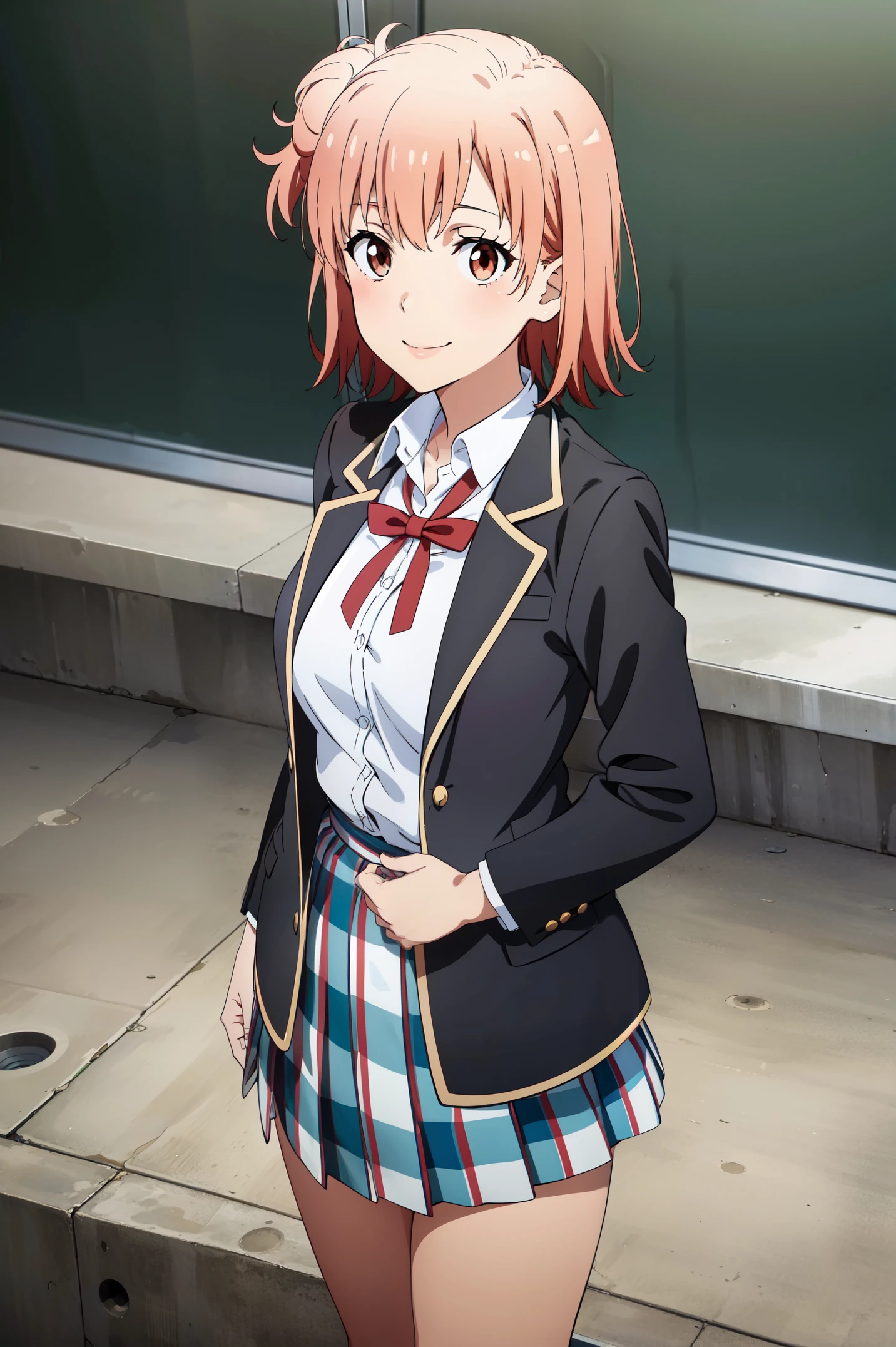 Best quality, masterpiece, highres, 1girl, Yuigahama yui, school uniform, Plaited skirt, short hair, red ribbon, white shirt, black jacket, big boobs, Standing, smile, school background