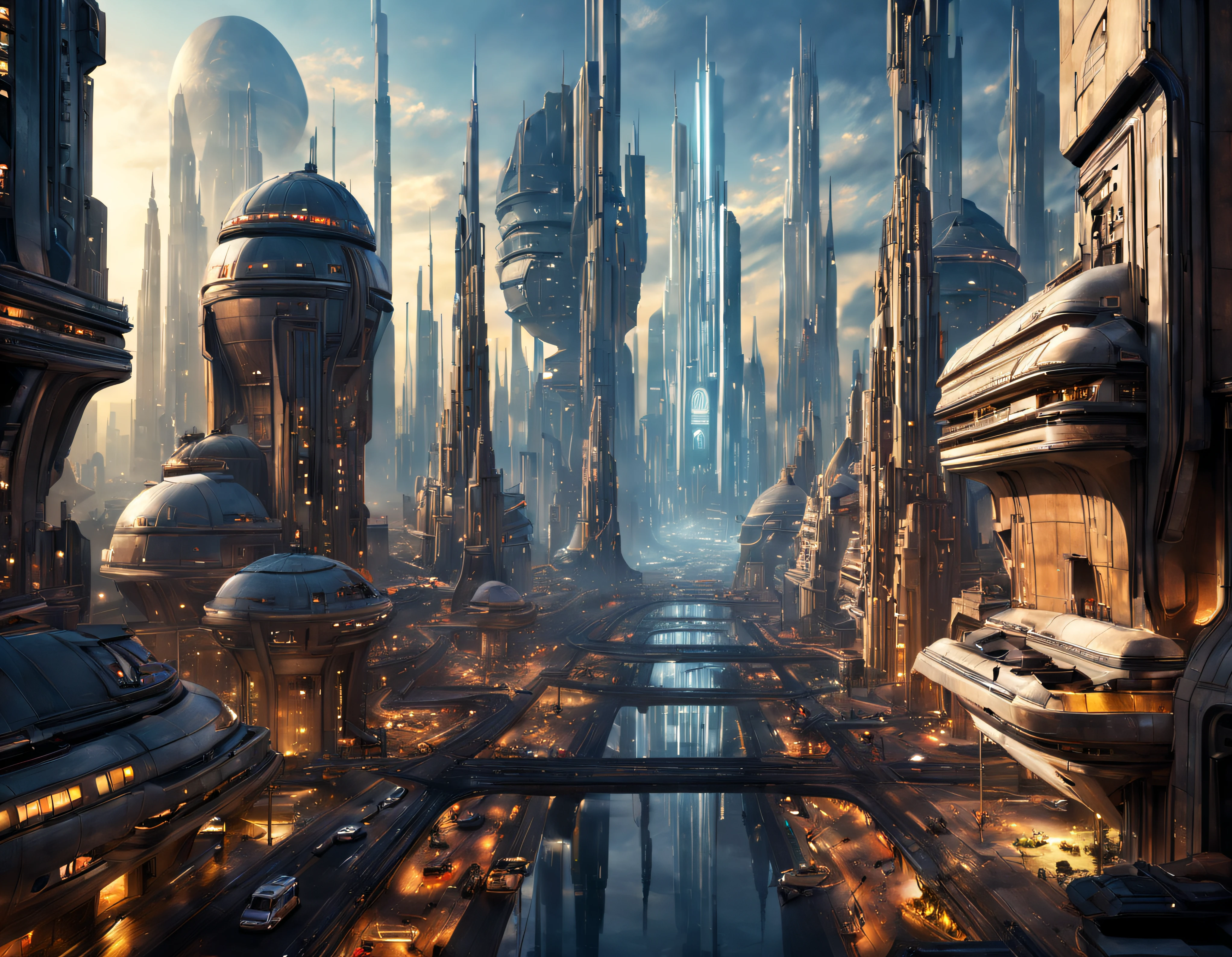 (The city of Coruscant from Star Wars as designed by Doug Chiang), futuristic fantasy city with immense buildings of technological design (que forman una avenida infinita), edificios compactor no difuminados con aspecto metalico, luces en ventanas en edificios, iluminacion diurna con sol, con estructuras acristaladas espectaculares, (con colores vivos). pavimento ensolado (sin brillo). gente paseando. imagen bien definida con muchos edificios juntos. imagen nitida bien definida 8k. los edificios llegan alta el fondo.,8k. imagen cinematografica