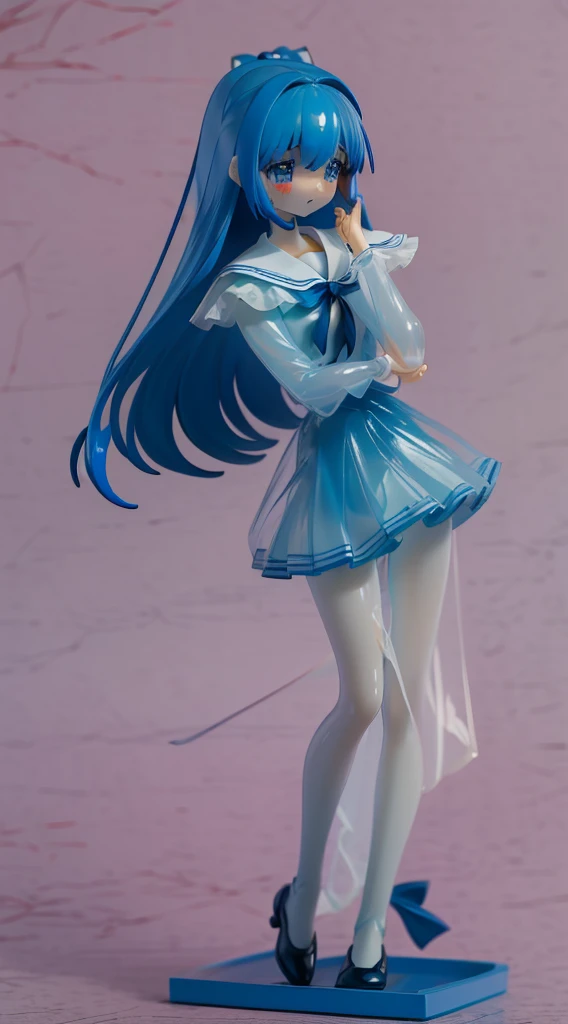 Real panoramic view,ultra-fine miniature painting,Barbie,Transparency,clear blue shining eyes,shy crying face,Very pretty girl, Slender big,teats,Red ribbons,Shining light blue hair,thin waist,Transparent vinyl sailor blouse,Transparent vinyl micro miniskirt rolled up,Lace panties,Idle Pose,In the box,on table,
