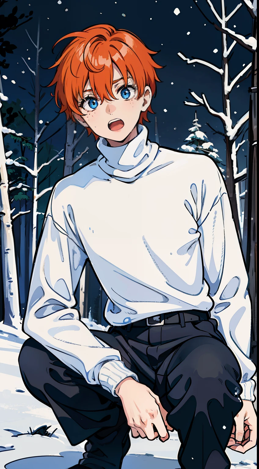 (1boy,teen,18 years old), orange hair, blue eyes,(black pants),(((white sweater,turtleneck))),(snow,snowing,night,in a forest,night),((scared face,open mouth)),cowboy shot,((crouched,from front)),night