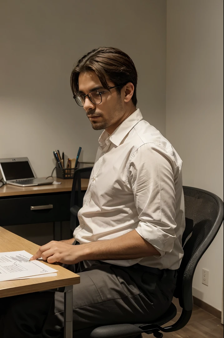 Create an image of a man sitting at an office desk, trabalhando em seu notebook