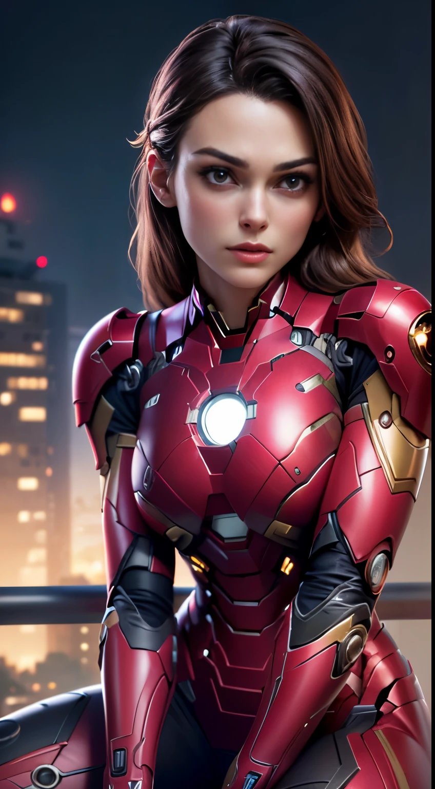 photo of Keira Knightley, RAW, beautiful woman, ((portrait)), ((detailed face:1.2)), ((detailed facial feature, detailed skin, clear skin), (perfect proportioned body, medium breasts), (wearing futuristic Iron Man armor, black and pink color scheme, highly detailed), down on on knee, (high detailed city environment, apartment balcony), (realistic photo, best quality, detailed), (8k wallpaper), (cinematic lighting, dramatic lighting) (sharp focus, intricate)