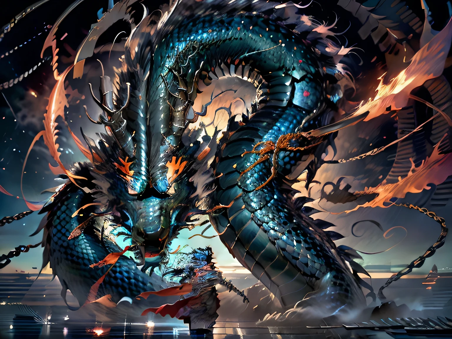 In the dimension where the stars collide, The legendary dragon appears as an incarnation of heaven....'irate.. his body is red, Reflejando el nacimiento de las estrellas. his eyes shine with cosmic fire, Eta、Tentacles of an energy arch in the form of etheric rays..... deadly dragon presence, ya que aprovecha el poder del cosmos missmo, In the midst of the cosmic maelstrom, Galaxy Gilan, Spiral and space explosion, La Serpiente Reina Suprema, epicd, cataclysmic, Transcendent, Evocand El Poder de las Fuerzas Celestiales.styles: Ultra-realistic digital paintings with intricate details and dynamic color interplay.performing: Renderizado en un styles hiperrealista, Uses advanced digital technology、catch the dragon'Complex interstellar environment and celestial energy。,