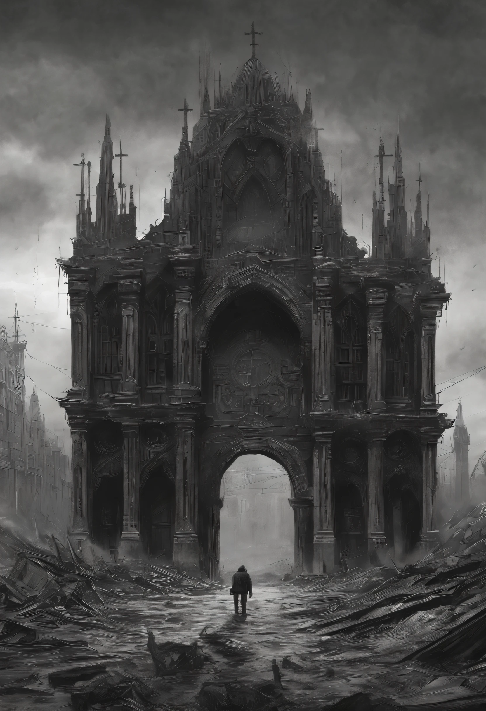 gothic church arch,Create a utopian masterpiece,Destroyed futuristic cityscapes depicted in gritty gaming concept art style. The artwork should evoke a sense of future desolation and despair, post apocalyptic world. Pay attention to intricate details, Focus sharp, and a highly detailed description of the ruined city.... Draw inspiration from the art styles of Wayne Barlow and Zdislav Beksiński. Deliver this image in a movie view format, Show the bleak beauty of this decaying world.