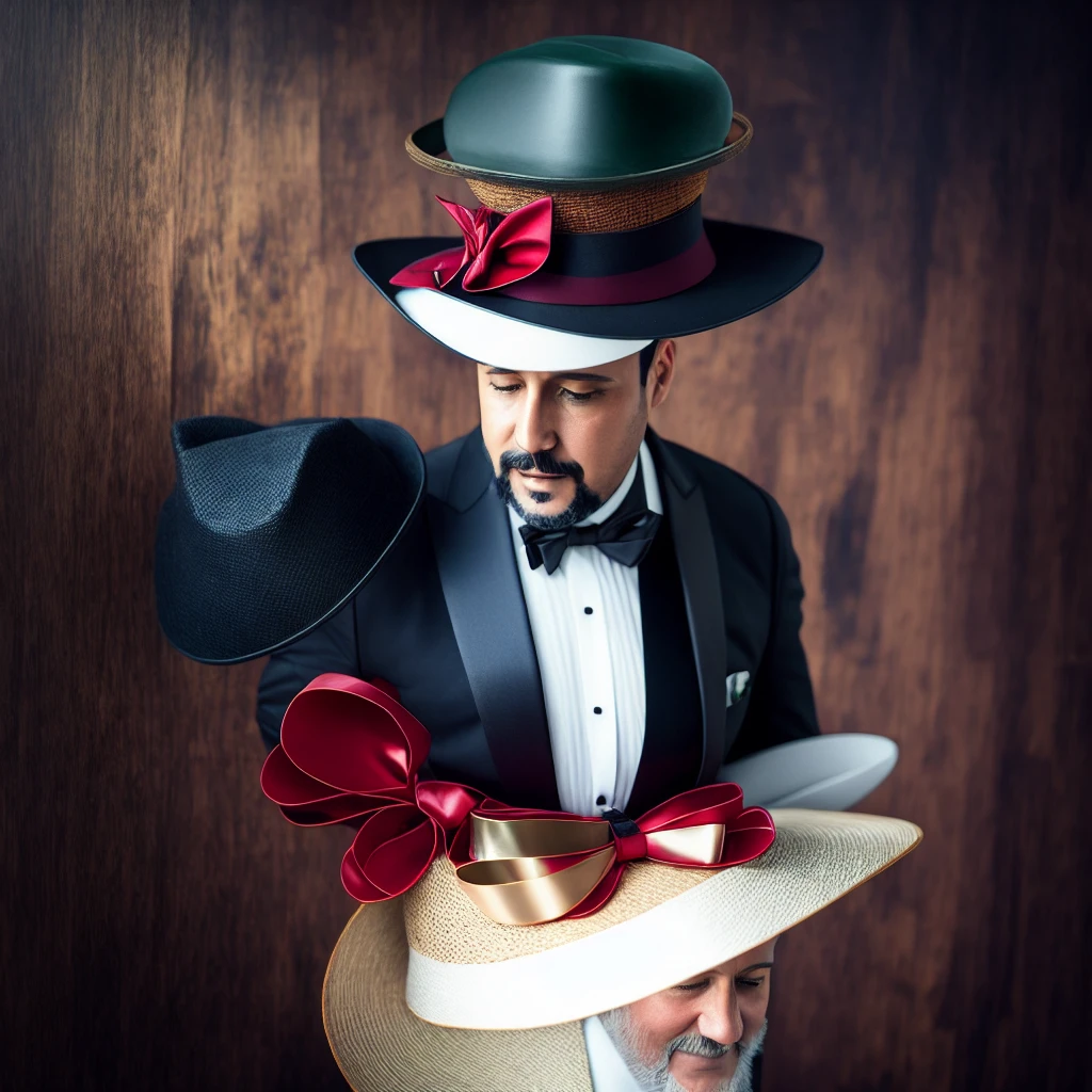 inventor, floppy hat with propeller on top of head, tuxedo, bow tie