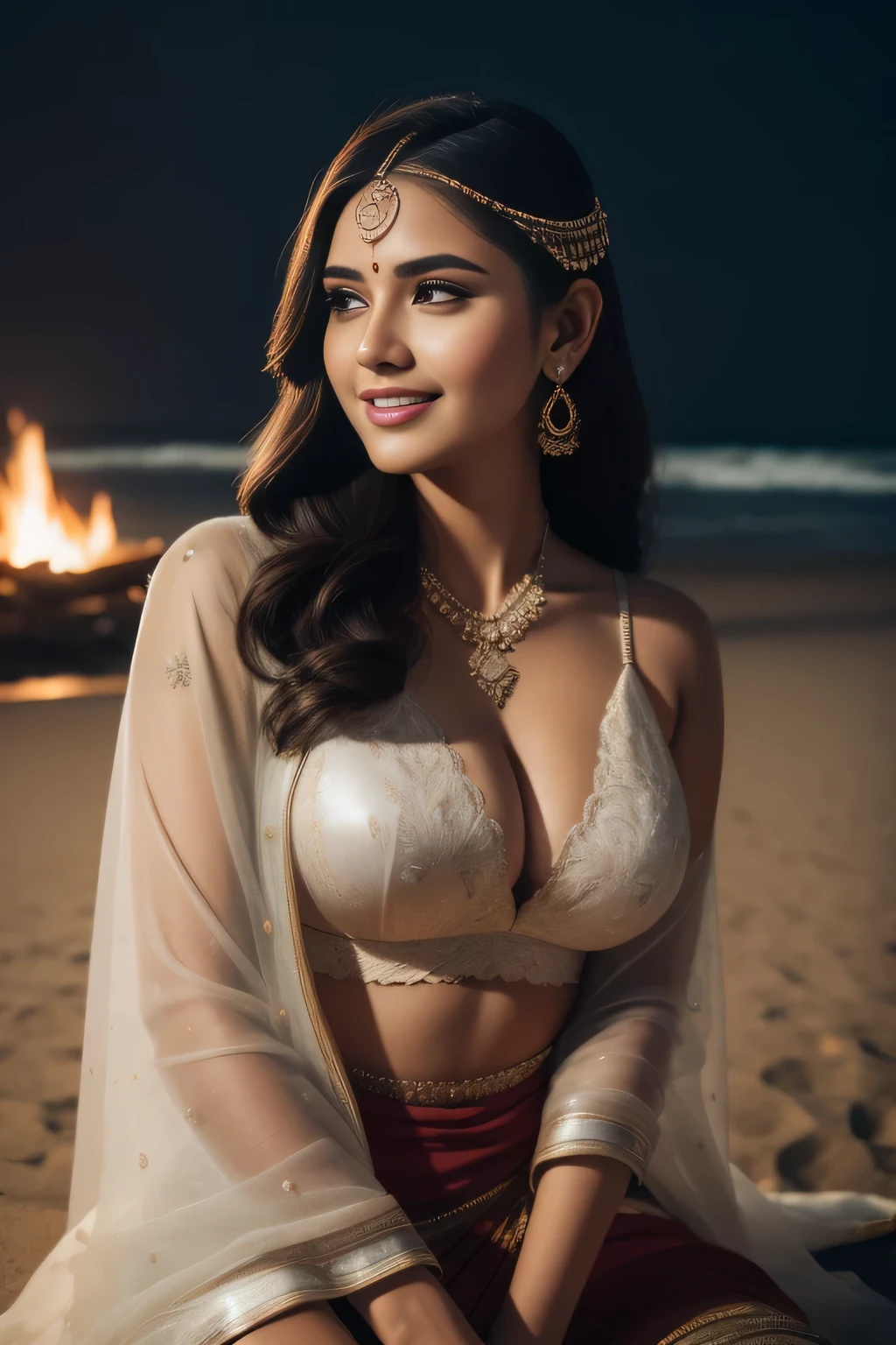 Realistic Portrait of A confident-looking indian woman, laughing, royal princess sitting with her friend with long flowing hair, hazel eyes, designer jewellery, sitting on beach, cafe background, night time, camp fire framing, perfect composition, hyperrealistic, super detailed, 8k, high quality, trending art, trending on artstation, sharp focus, photo shoot, intricate details, highly detailed, art by greg rutkowski