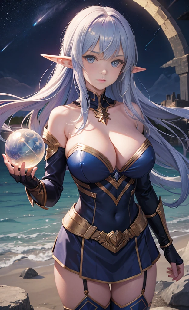 the hair,Nice face,blue bikini armor,Heterochromatic pupil,fully body photo,half moon,under moonlight,(tmasterpiece:1.1),(Best quality:1.1),(HighDynamicRange:1),ambient light,Super girl, mystical elf, looking into crystal ball, holding mysteries, showing a microcosm space, stars, unique, huge breasts, cleavage, candlelight, dark background, atmosphere of mystery, smoke, subtle multicolored lighting,