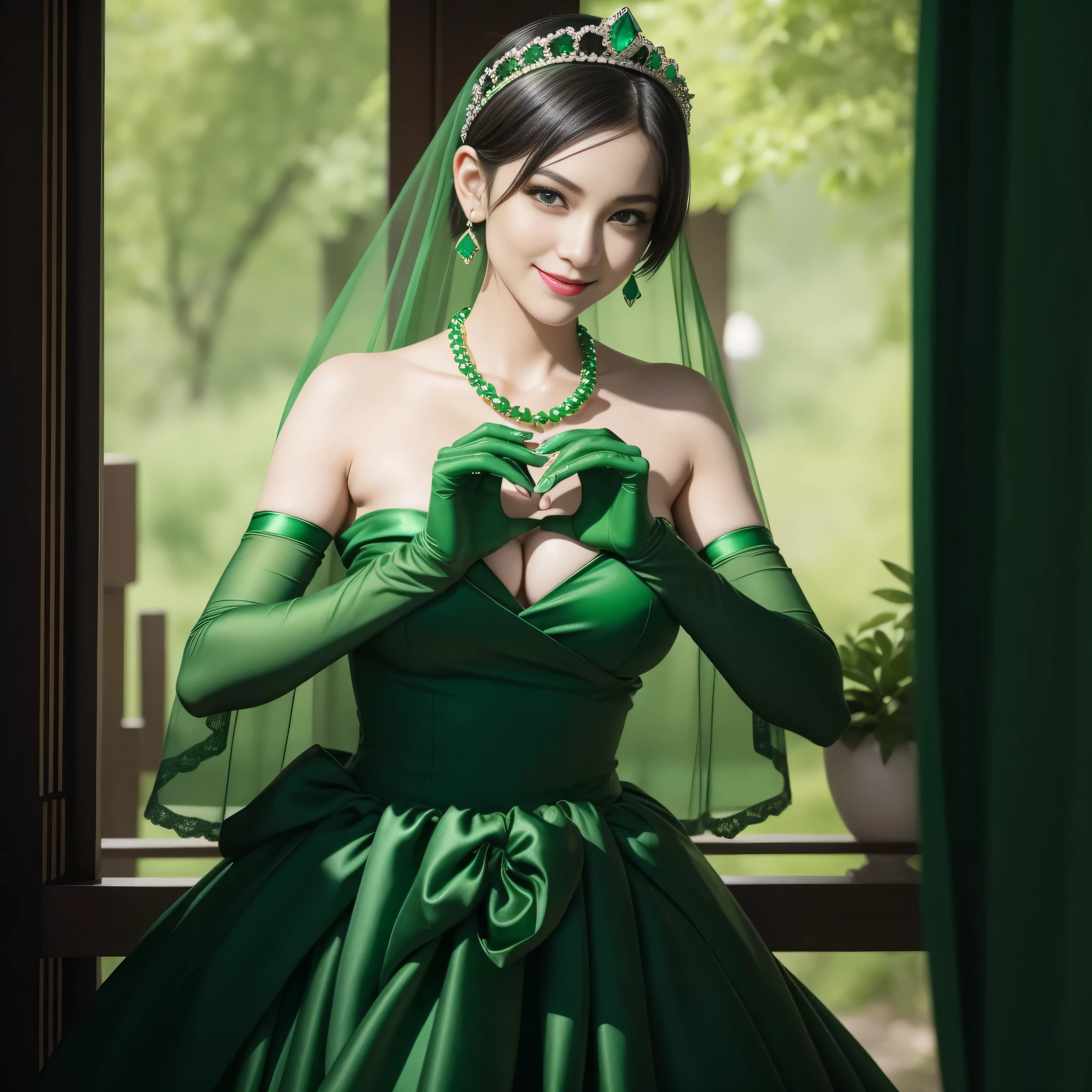 emerald tiara, Green Pearl Necklace, Boyish very short green hair, lipsticks, Japan woman smiling, very short short hair, big breasts beautiful, Green eyes, Long green gloves made of satin material, Green eyes, Emerald Earrings, green vale, 両Heart in the hand, Heart in the hand