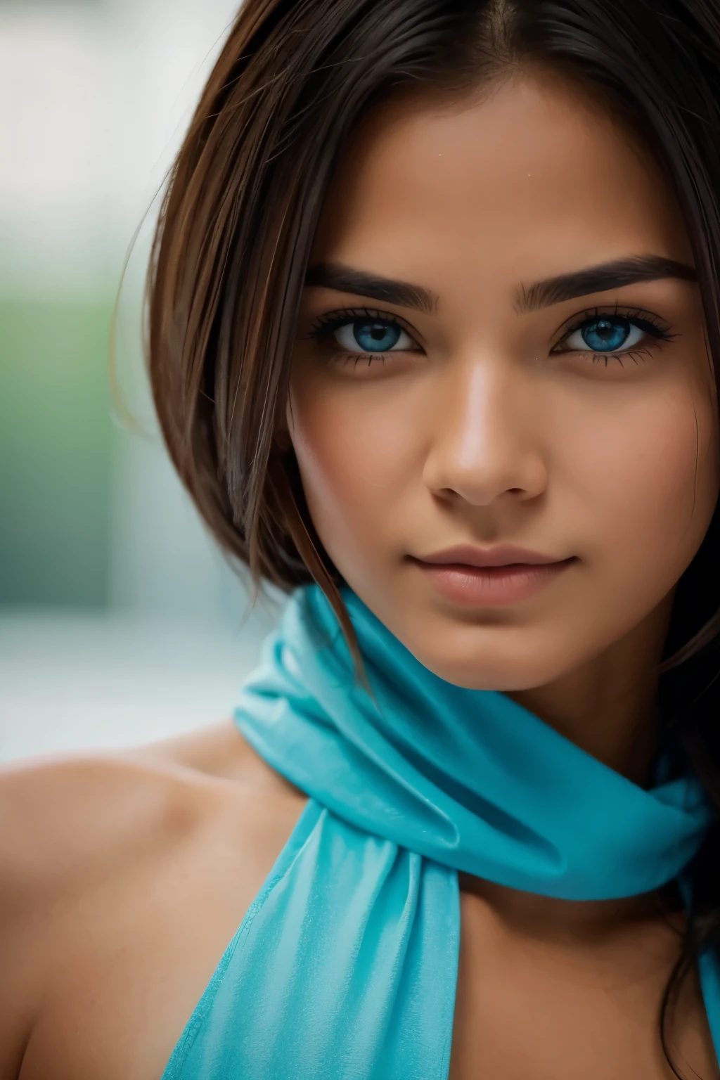 A girl, beatiful face, close - up, Cyan eyes