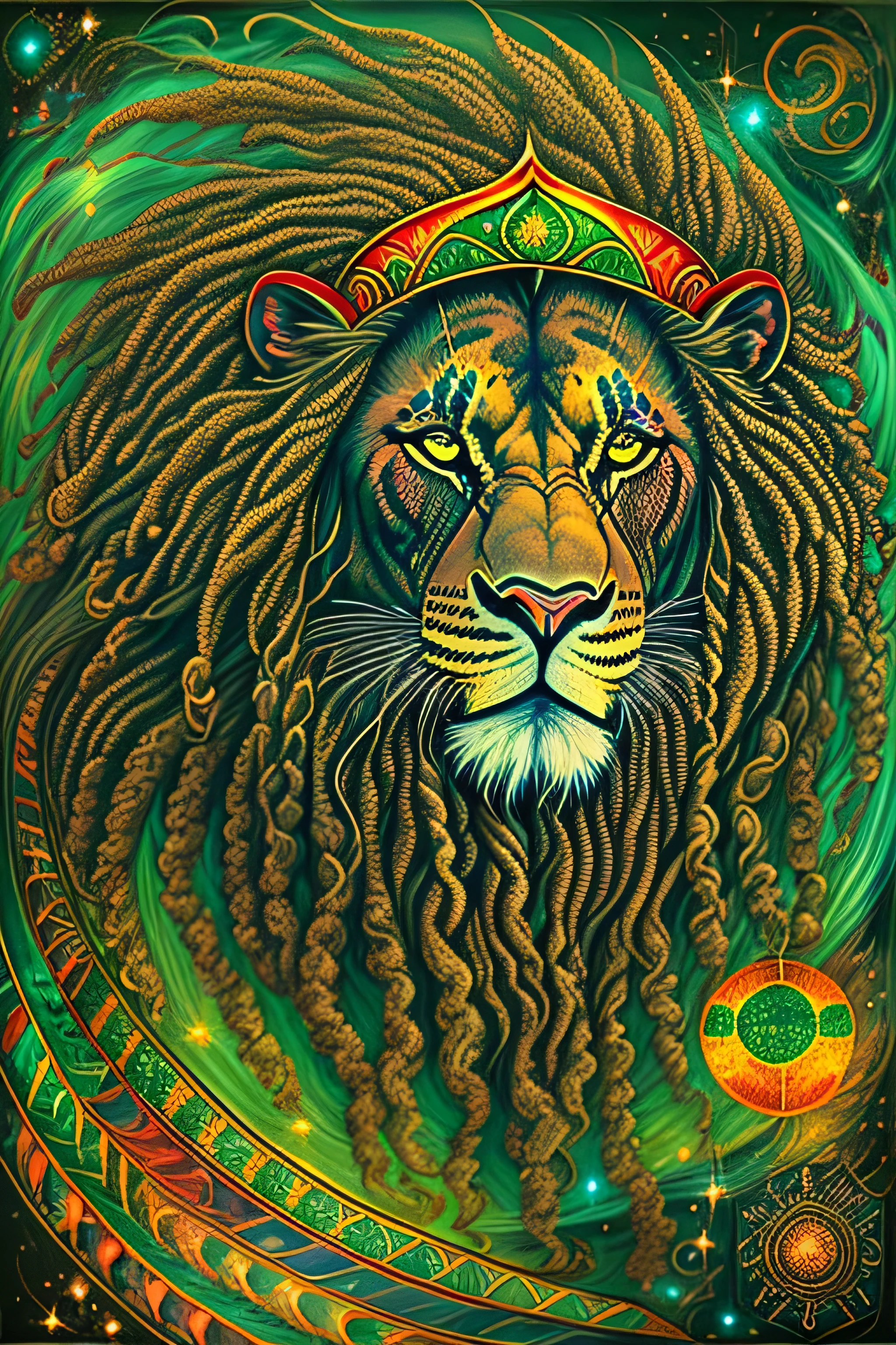 1 Rastafarian black lion expressing wisdom, running in outer space, cabelo dreadlocks, olhos verdes, Desenho real tatuagem nas cores do reggae