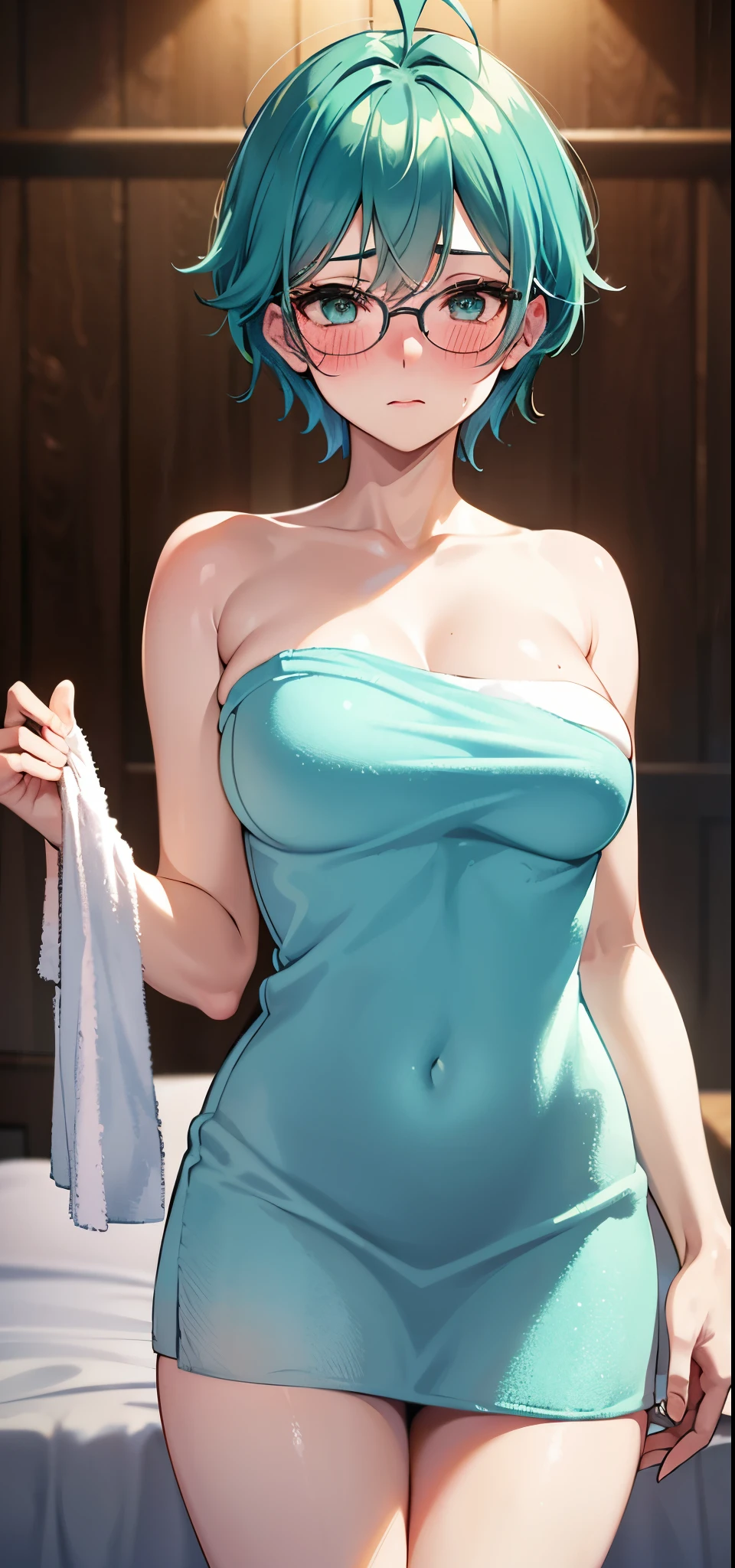 1girl, solo, 53 years old, milf, teal and green hair, messy hair, asymmetrical hair, ahoge, very short hair, aqua eyes, medium breasts, pale skin, glasses, (naked towel:1.4), (bed:1.3), (blush:1.3)