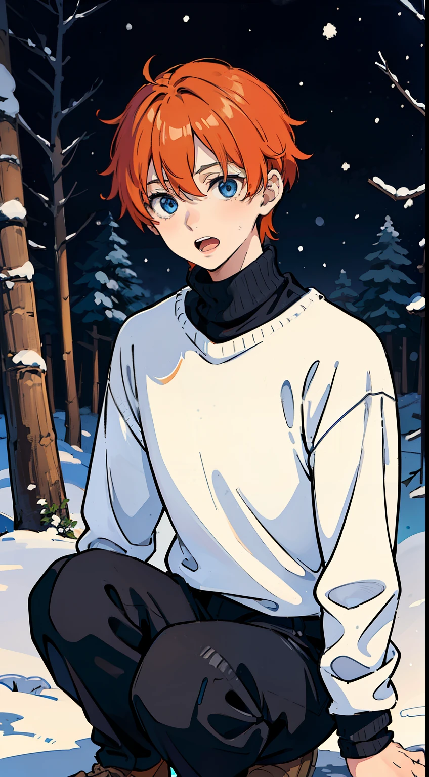 (1boy,,18 years old), orange hair, blue eyes,(black pants),(((white sweater,turtleneck))),(snow,snowing,night,in a forest,night),((,open mouth)),cowboy shot,((crouched,from front)),night