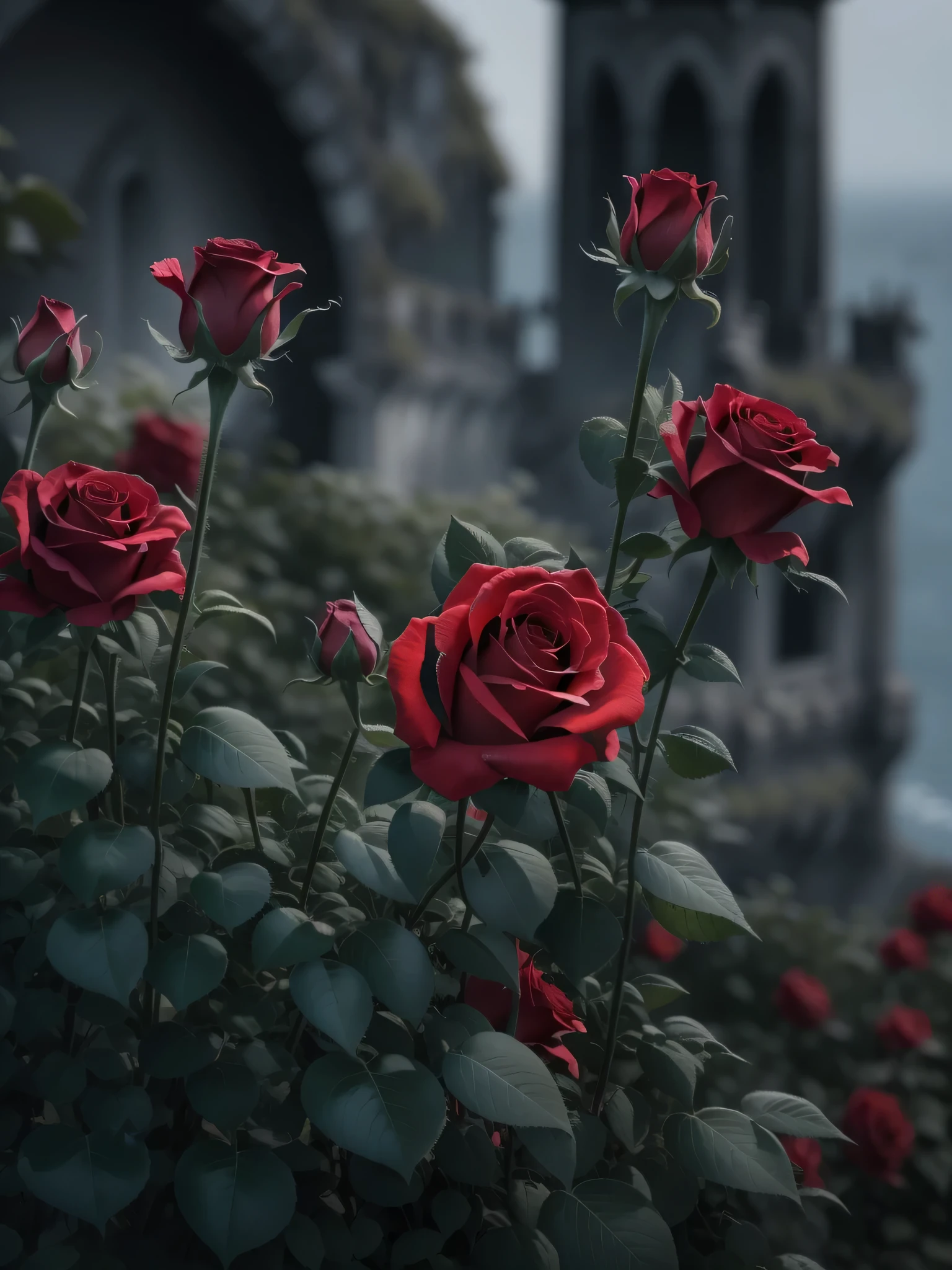 A group of weird castles stand on the cliffs on the far coast，Cold and creepy atmosphere，Large depth of field，in the background bokeh，gothic castle。Close-up screen 1/Close-up of 3 roses，Numerous and dense dark red roses，The petals have a clear texture。The screen is mainly black and red，Black and gray are the main colors，suppress，Low brightness，low-saturation。Delicate oil brush strokes。Oil painting by Monet