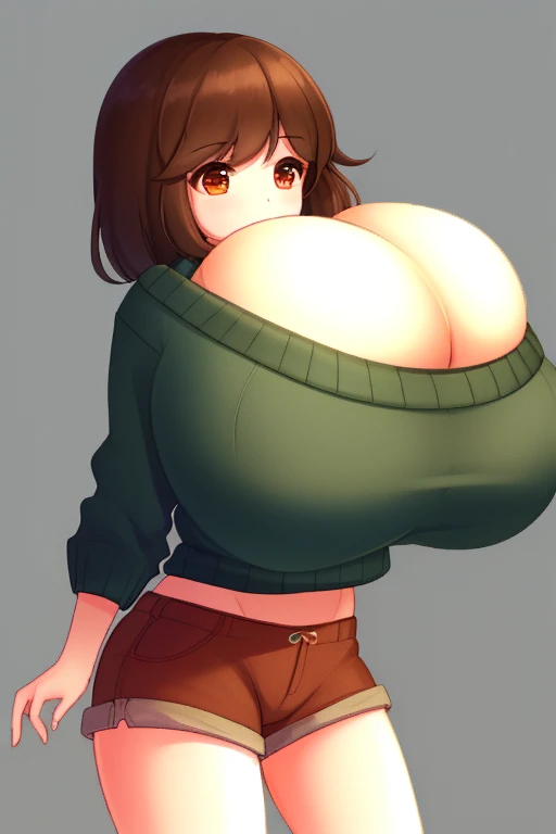 ((Best quality)), ((Masterpiece)), (Detailed), Undertale Frisk, Brown hair, (brown shorts: 1.3), Bob cut, Short hair, Black pantyhose, (Green sweater: 1.3), Red eyes, (1girll: 1.3), (Solo: 1.3), streaked, Green striped sweater, (large breasts:1.6)