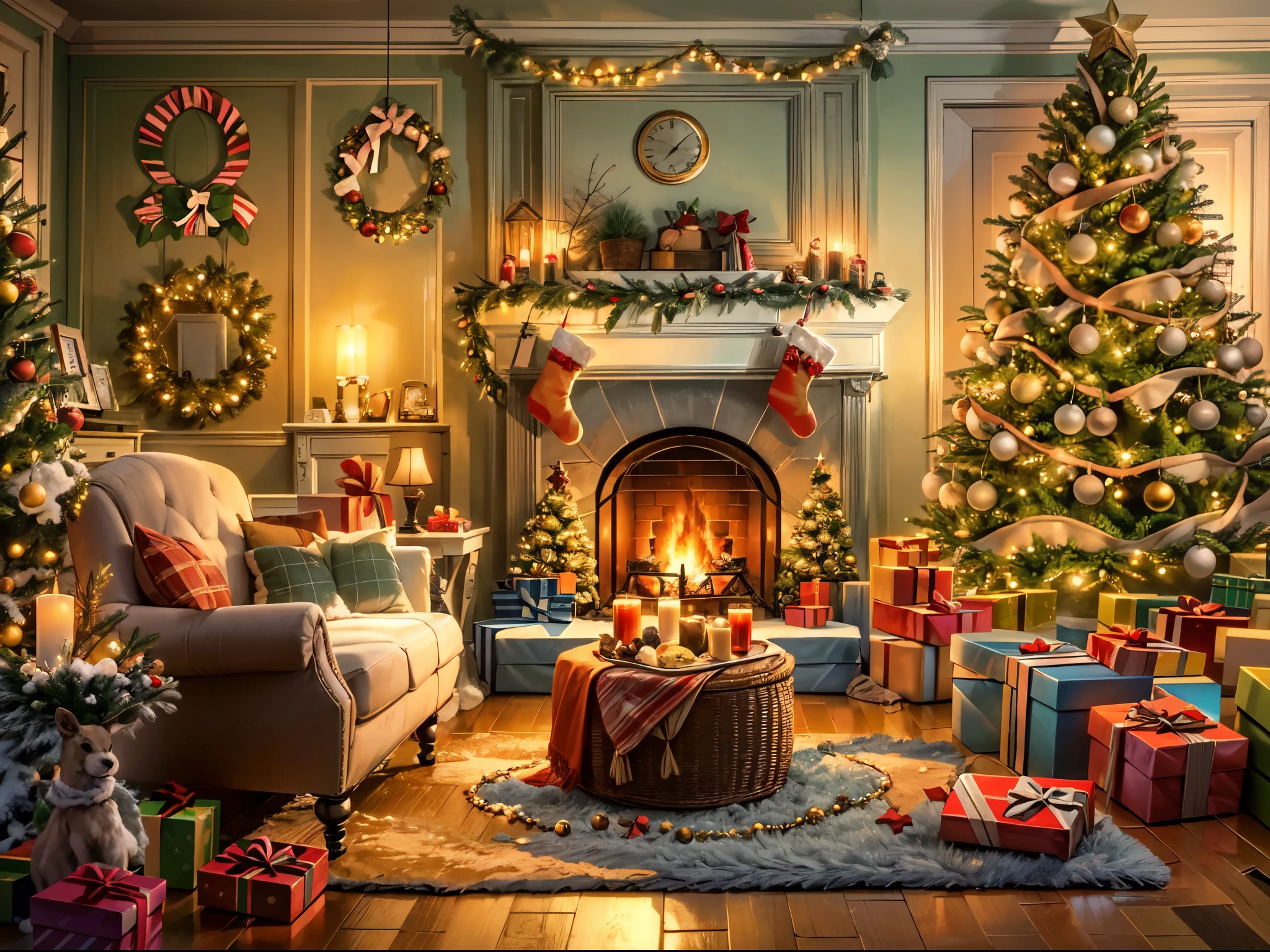 (best quality,highres:1.2),realistic,a cozy living room,Christmas theme,holiday decorations,beautifully decorated Christmas tree,warm fireplace with crackling fire,snowflakes falling outside,warm and inviting atmosphere,festive lights and ornaments,family gathering and laughter,happy and joyful vibes,bright and vibrant colors,soft and comfortable furniture,fluffy and festive pillows,delicious aroma of freshly baked cookies and hot cocoa,carefully wrapped presents under the tree,sparkling and shimmering decorations,detailed Christmas stockings hanging on the mantel,santa claus figurines and reindeer ornaments,glowing candlelight,joyful Christmas music playing in the background, snowy landscape outside the window,peaceful and serene ambiance.