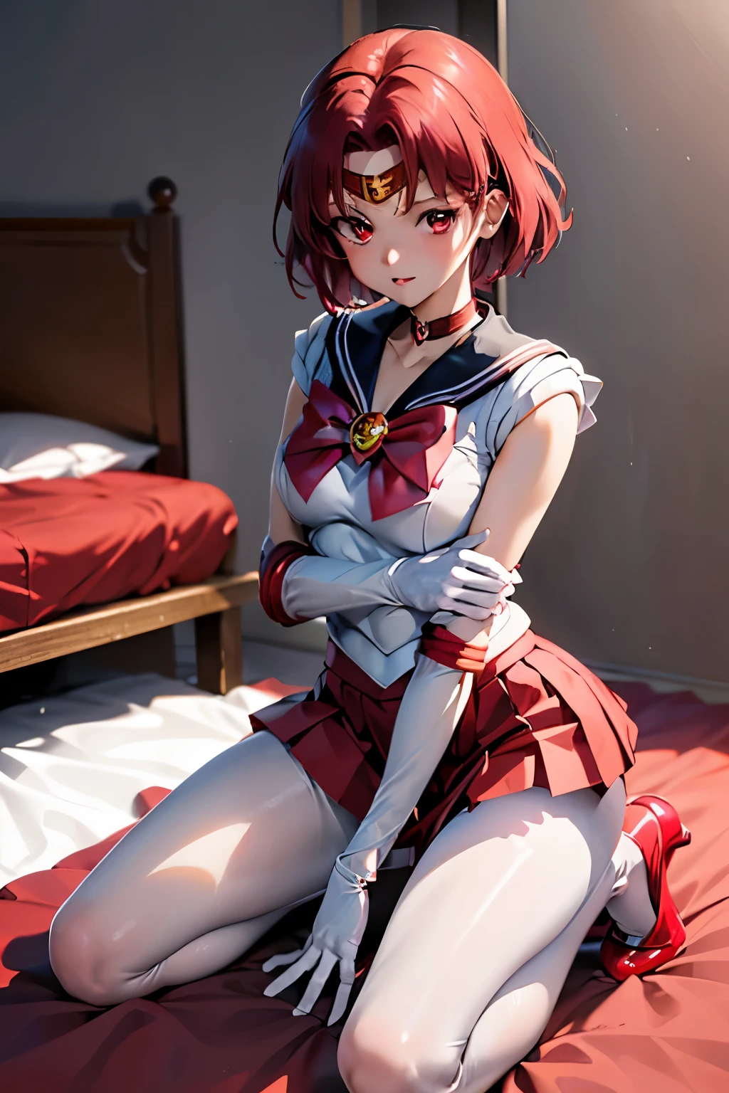 masutepiece, Best Quality, 1girl in, (karen),Red color hair, (red eyes:1.2),((Sailor Senshi))、((a miniskirt))、((embarassed expression))、((Bedroom))、((Kneeling))、((pantyhose))、((short-hair))、((White Long Gloves))、((Holding a skirt))、((pumps))