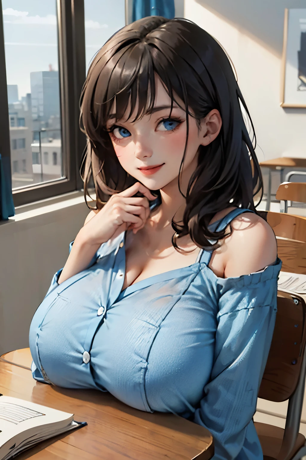 (masterpiece:1.2, best quality), (1lady, solo, upper body:1.2), clothing: loose-fitting, comfortable pajamas Accessories, detailed the hand, Hair: Short dark blue shoulder-length hair Makeup: natural, glowing skin, behaviocing the table, sitting at the table, smiling location: study, study desk, blue eyes, huge breasts,