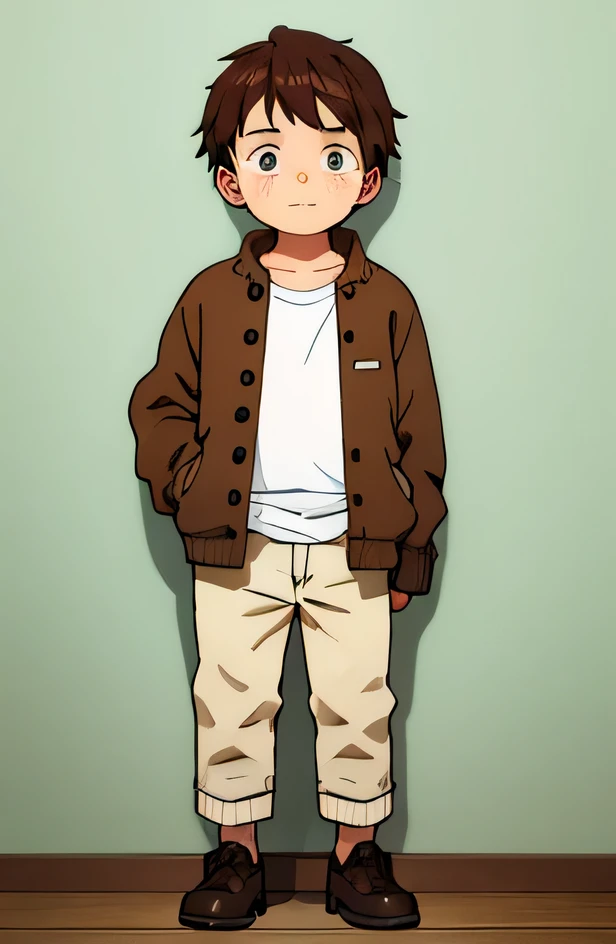 the boy with brown hair,cute freckles,Down-to-earth personality,Natural standing posture,dressing a old torn clothes,Pure,The face is calm,Brown shoes