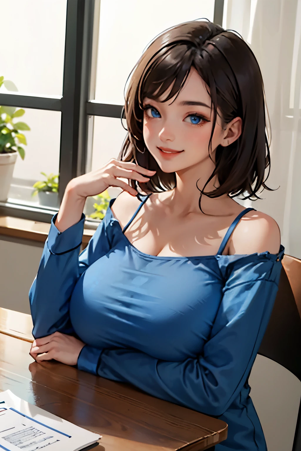 (masterpiece:1.2, best quality), (1lady, solo, upper body:1.2), clothing: loose-fitting, comfortable pajamas Accessories, detailed the hand, Hair: Short dark blue shoulder-length hair Makeup: natural, glowing skin, behaviocing the table, sitting at the table, smiling location: study, study desk, blue eyes, huge breasts,