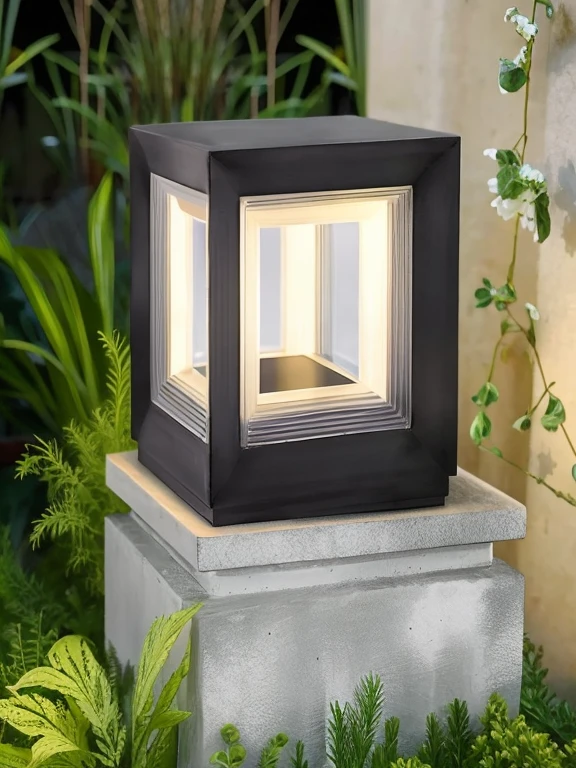 A small square lamp on a concrete block, volumetric outdoors lighting, ignite. 'the cube', outdoors lighting, illuminating the area, warmly ignite, exceptional lighting, oled lights in corners, solid cube of light, outdoors lighting, light on top, Luminous feature, upignite, a lot of light, warm lantern lighting, lighting focus, summer lighting