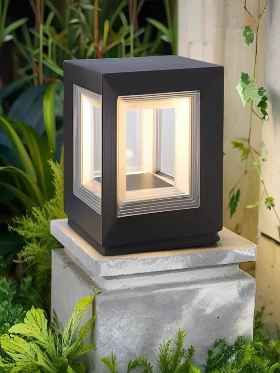 A small square lamp on a concrete block, volumetric outdoors lighting, ignite. 'the cube', outdoors lighting, illuminating the area, warmly ignite, exceptional lighting, oled lights in corners, solid cube of light, outdoors lighting, light on top, Luminous feature, upignite, a lot of light, warm lantern lighting, lighting focus, summer lighting