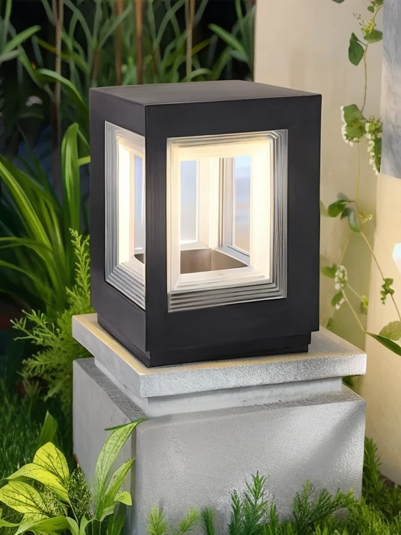 A small square lamp on a concrete block, volumetric outdoors lighting, ignite. 'the cube', outdoors lighting, illuminating the area, warmly ignite, exceptional lighting, oled lights in corners, solid cube of light, outdoors lighting, light on top, Luminous feature, upignite, a lot of light, warm lantern lighting, lighting focus, summer lighting