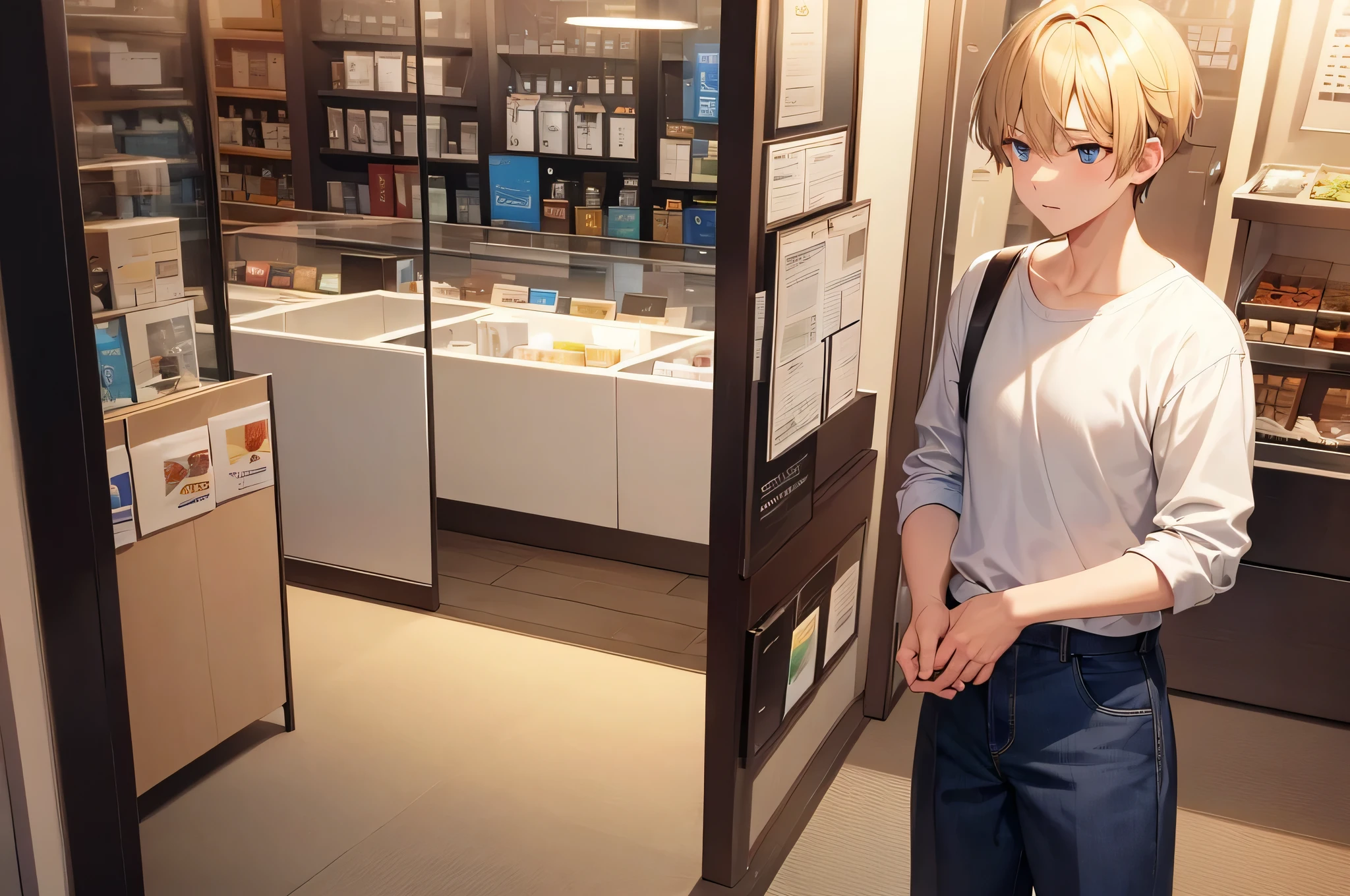 boy with short blond hair, eBlue eyes, Wear white casual clothes, Shopping.