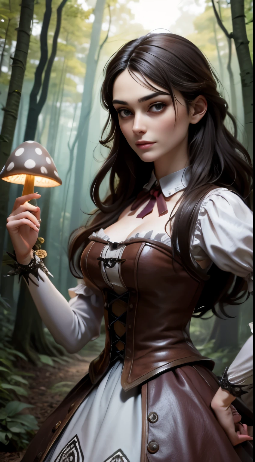 photo of Keira Knightley, RAW, beautiful woman, ((portrait)), ((detailed face:1.2)), ((detailed facial feature, detailed skin, clear skin), (perfect proportioned body, medium breasts), (wearing American McGee's Alice in Wonderland dress) (high detailed giant mushroom forest), (realistic photo, best quality, detailed), (8k wallpaper), (cinematic lighting, dramatic lighting) (sharp focus, intricate)