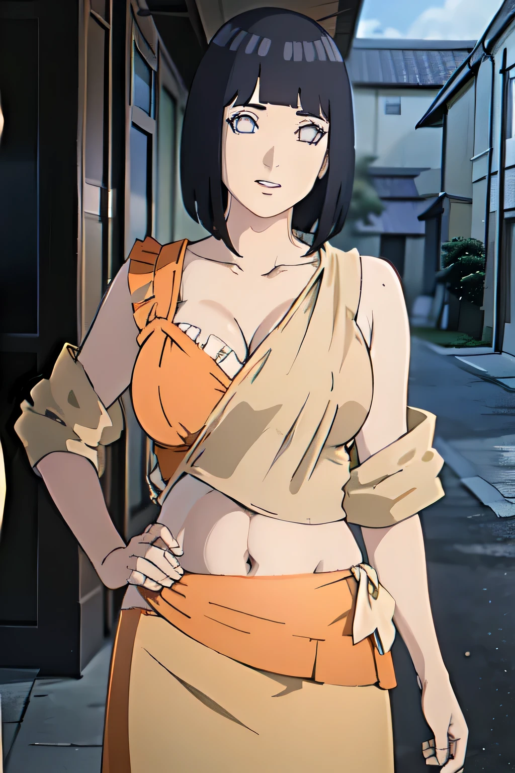 1 chizuru ichinose, (wearing orange saree, autumn background, , anime girl, indian, anime style, cleavage, standing, seductive expression), solo, hinata hyuga, dreamy eyes, seductive, sexy, hot, looking at viewer, masterpiece, ultra realistic, cleavage, NSFW, ultra high resolution, photorealistic:1.3, wallpaper, realistic, 8k, UHD, Extremely detailed, top quality, ultra detailed, absurdres