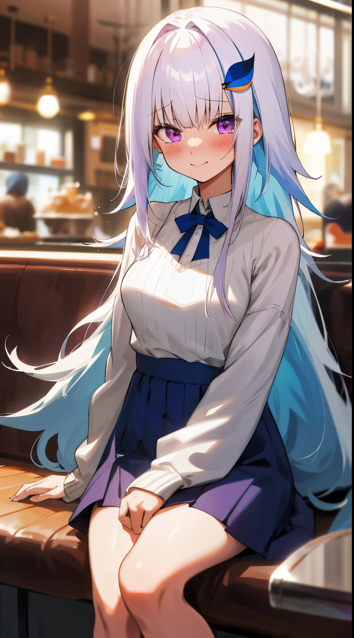 One girl with long hair, bangs, white hair, blue inner hair:1.25) , purple eyes, looking at viewer, blushing, little smile, tears, sweaters, mini skirt, indoor, dating, sitting, cafe, dizzy, mid-chest, day atmosphere, hair ornament, medium breasts, focus, blurry background