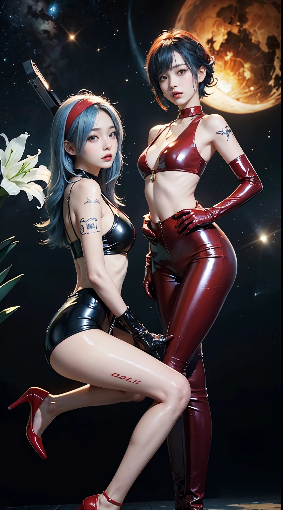 ((masterpiece:1.4)、(top-quality:1.4)、(reallistic:1.7))、masuter piece:1.4、Beautiful Girl Dirty Pair、(Beautiful Girl Space Investigator Dirty Pair:1.4)、Kei and Yuri space investigator duo、two investigators, Kei and Yuri stand side by side...、(By Luis Royo:1.4)、(hold a gun:1.2)、Body Fit Sexy Investigator Duo Uniform、(Glossy luxury latex:1.4)、(White Sleeveless Uniform Jacket)、(Underwear Red Sexy Super Ultra Bikini)、(Luxury Red Latex:1.4)、age19、(Cute tattoos:1.4)、(Wearing white gloves)、(Two cute girls:1.4)、Super beauty、foco nítido、Portrait photos、(Perfect female body:1.4)、perfectly proportions、Sexy couple、Full body shooting:1.4、美丽的面容、(Beautiful skins:1.4)、beautidful eyes、Narrow waist、beauty legs、(Kei has red hair and wears a bandana...........:1.4)、(Lilies have blue hair:1.4)、(length hair:1.2)、Beautiful udder、large full breasts:1.2、Sexy ass、Raw photo、red-lips、Red high heels:1.4、a choker:1.4、a necklace:1.4、耳环:1.4、1 screen display、cyberpunkcity:1.2
