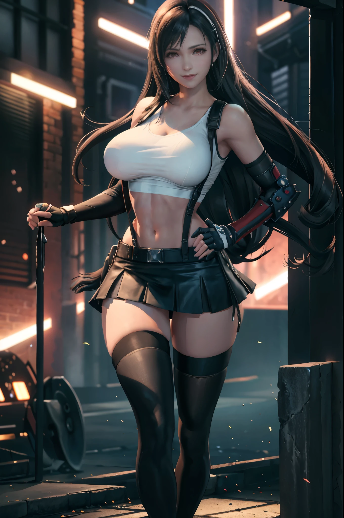 (8k, best quality, masterpiece:1.2), (realistic, photo-realistic), ultra-detailed, 1 girl,cute, solo, (tifa lockhart), (huge breasts), (smile:1.2), (closed mouth), erotic pose, posing, neon lights, cityscape, depth of field, depth of field, good composition, Final Fantasy VII, ankle boots, black hair, black thighhighs, red boots, elbow gloves, elbow pads, fingerless gloves, taut shirt, sports bra, (suspenders attached to skirt), thighhighs, (white tank top), full body, very long hair, ((red_eyes)), yellow flowers, (night), bokeh, cinematic lighting, nsfw, perfect breasts, sakimichan style