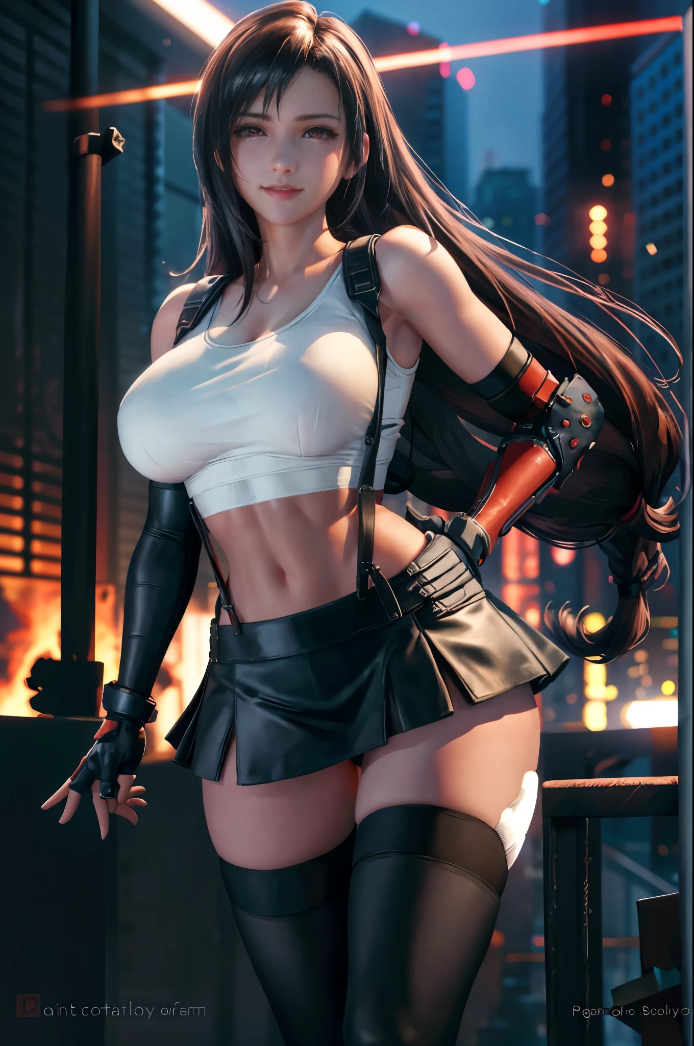 (8k, best quality, masterpiece:1.2), (realistic, photo-realistic), ultra-detailed, 1 girl,cute, solo, (tifa lockhart), (huge breasts), (smile:1.2), (closed mouth), erotic pose, posing, neon lights, cityscape, depth of field, depth of field, good composition, Final Fantasy VII, ankle boots, black hair, black thighhighs, red boots, elbow gloves, elbow pads, fingerless gloves, taut shirt, sports bra, (suspenders attached to skirt), thighhighs, (white tank top), full body, very long hair, ((red_eyes)), yellow flowers, (night), bokeh, cinematic lighting, nsfw, perfect breasts, sakimichan style