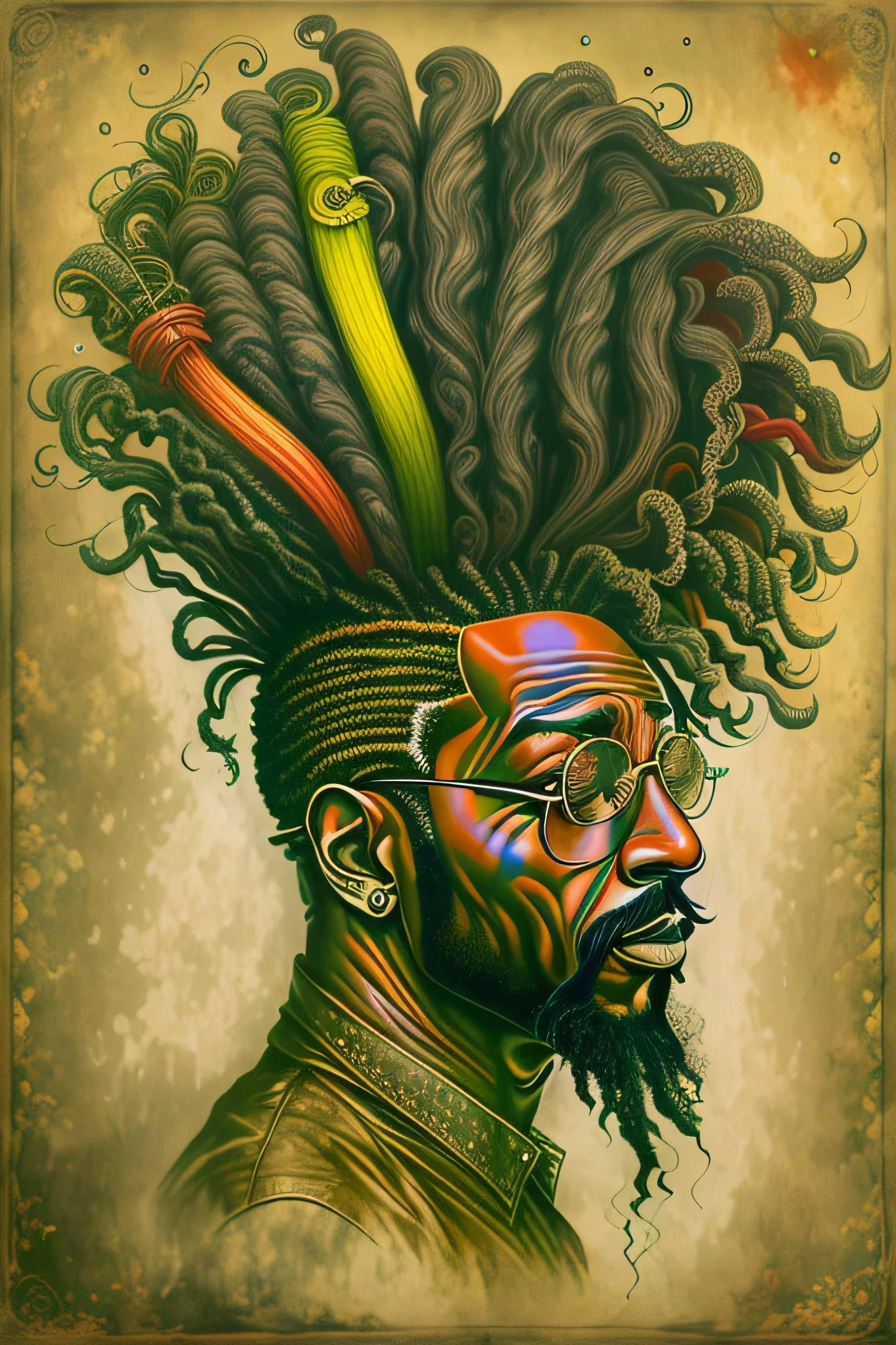 1 homem negro Rastafari expressando sabedoria, cantando, cabelo dreadlocks, olhos verdes, Desenho real tatuagem nas cores do reggae